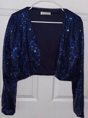 Belle Pogue Blue Sequins Open Front Topper Shrug Bolero Cropped Jacket Size XL